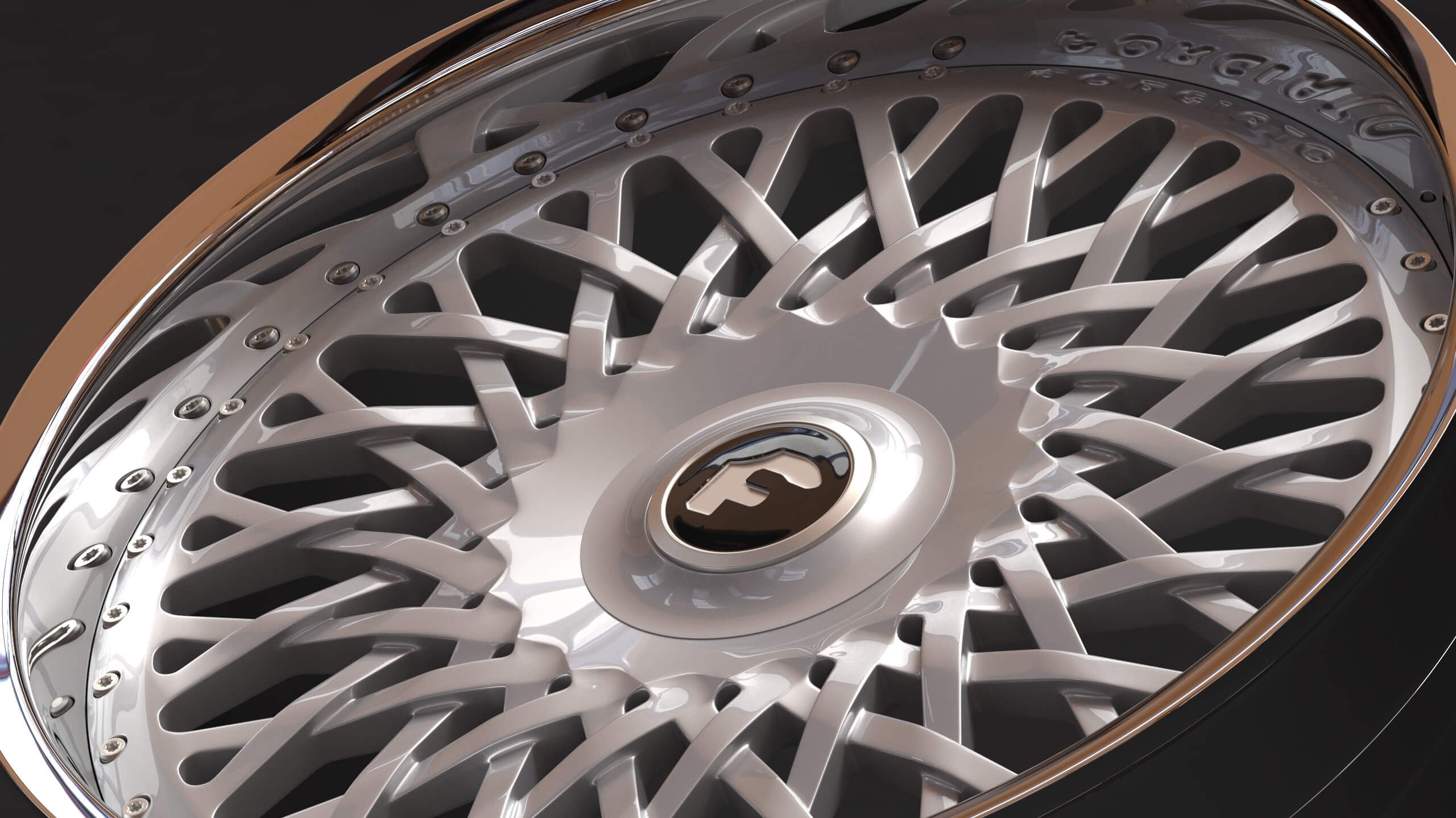 Close-up of a shiny black car wheel rim on display.